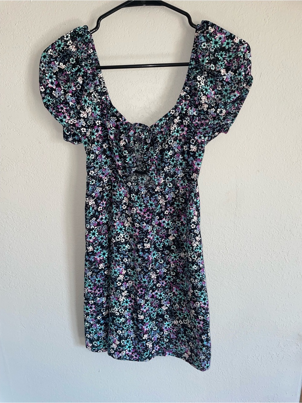 SO Black Floral Puff-Sleeve Mini Dress with Teal & Lavender Accents